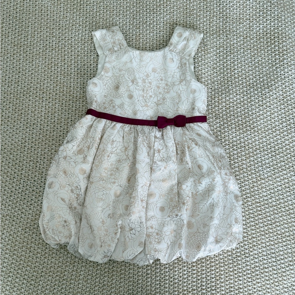 Cherokee Cream and Gold Floral Dress with Purple Bow